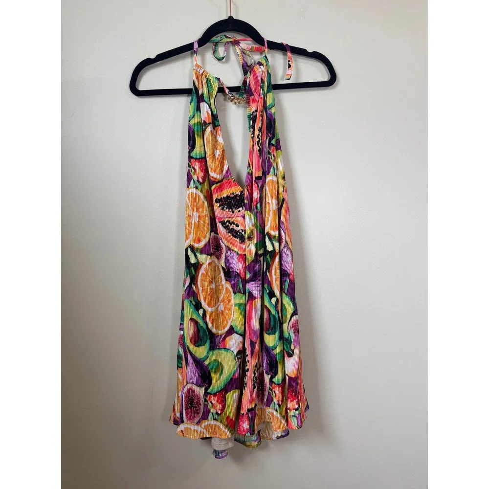 Show Me Your Mumu Fruit Print Pleated Halter Mini Dress Tropical Summer - Picture 2 of 5